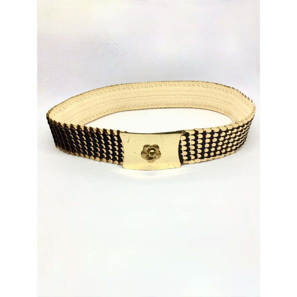 Vintage Gold Tone Belt Scale Stretch Floral Buckle Wide 80s Disco Statement